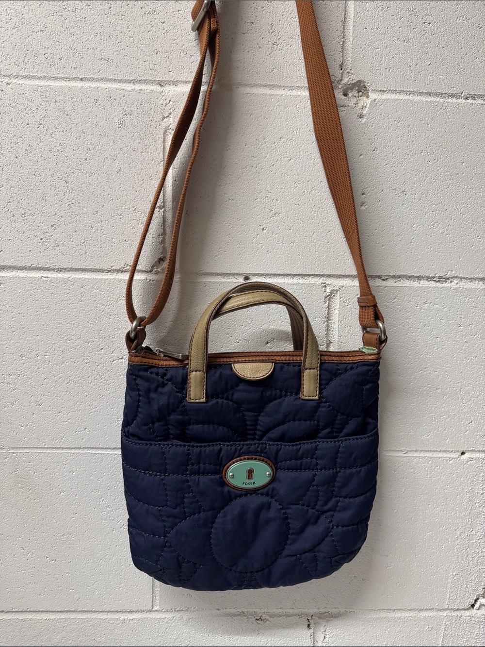 Fossil Navy Quilted Crossbody with Tan Handles and Strap